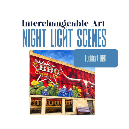 Lockhart BBQ Capital of Texas Interchangeable Night Light Art Scene, BBQ Mural, Watercolor Downtown Landmark
