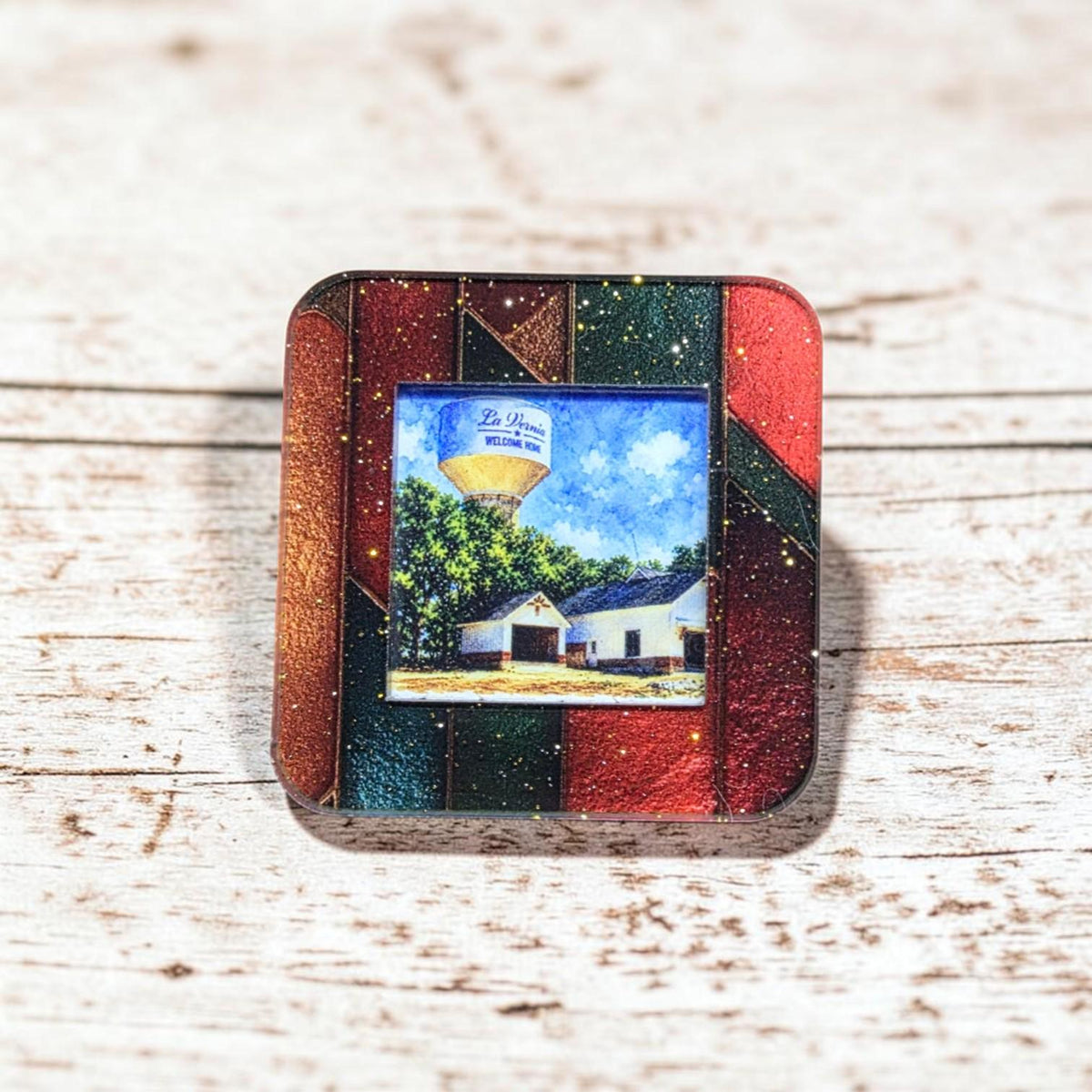 La Vernia Texas Water Tower Magnet, 2 Inch Sparkle Acrylic Fridge Magnet, Texas Souvenir, Rare Earth Magnet