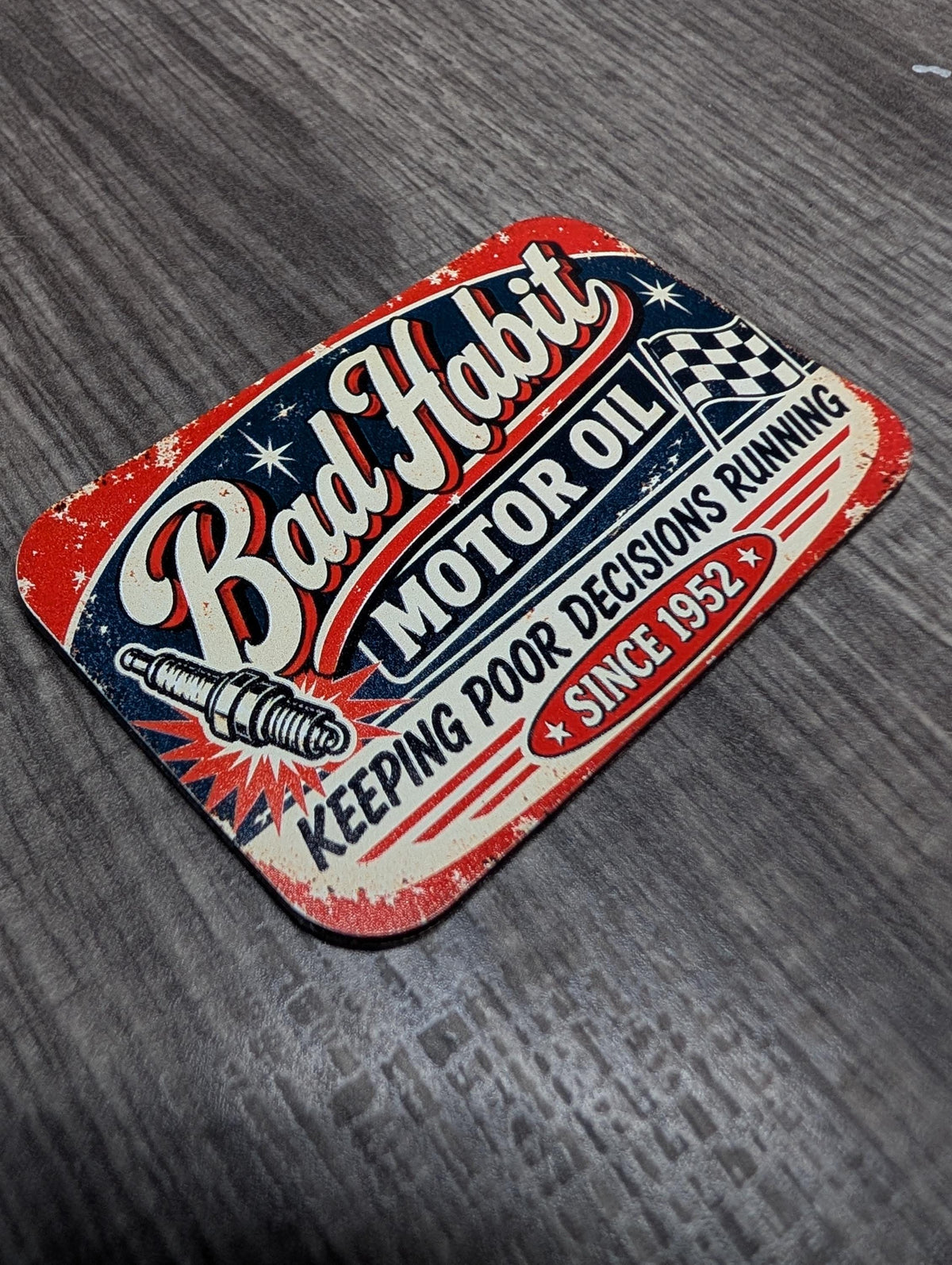 Bad Habit Motor Oil Vintage Garage Hat Patch, Funny Mechanic Gift, Retro Automotive Racing Patch, UV Printed Leatherette Hat Patch
