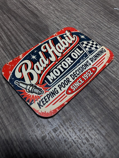 Bad Habit Motor Oil Vintage Garage Hat Patch, Funny Mechanic Gift, Retro Automotive Racing Patch, UV Printed Leatherette Hat Patch