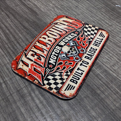 Hellbound Motor Works Vintage Garage Hat Patch, Built to Raise Hell Skull Biker Patch, Retro Hot Rod UV Printed Leatherette Patch