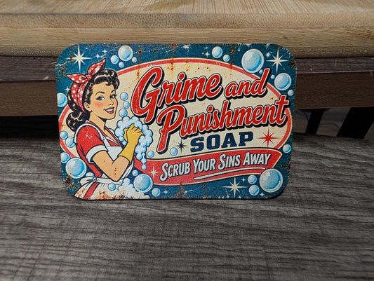 Grime and Punishment Soap Vintage Hat Patch, Scrub Your Sins Away Funny Saying, Retro Pinup Girl, UV Printed Leatherette Trucker Hat Patch