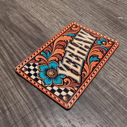 Yeehaw Western Tooled Leather Hat Patch, Turquoise Floral Cowgirl Patch, Retro Rodeo Trucker Hat Patch, UV Printed Leatherette Patch
