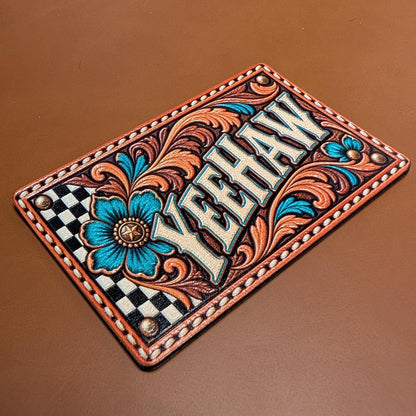 Yeehaw Western Tooled Leather Hat Patch, Turquoise Floral Cowgirl Patch, Retro Rodeo Trucker Hat Patch, UV Printed Leatherette Patch