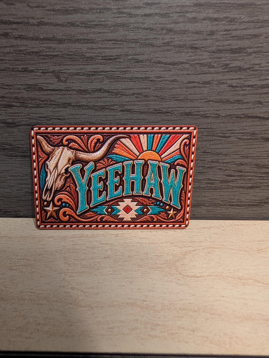 Yeehaw Western Tooled Leather Hat Patch, Cowgirl Trucker Hat Patch, Longhorn Skull Rodeo Design, Southwestern UV Printed Leatherette Patch