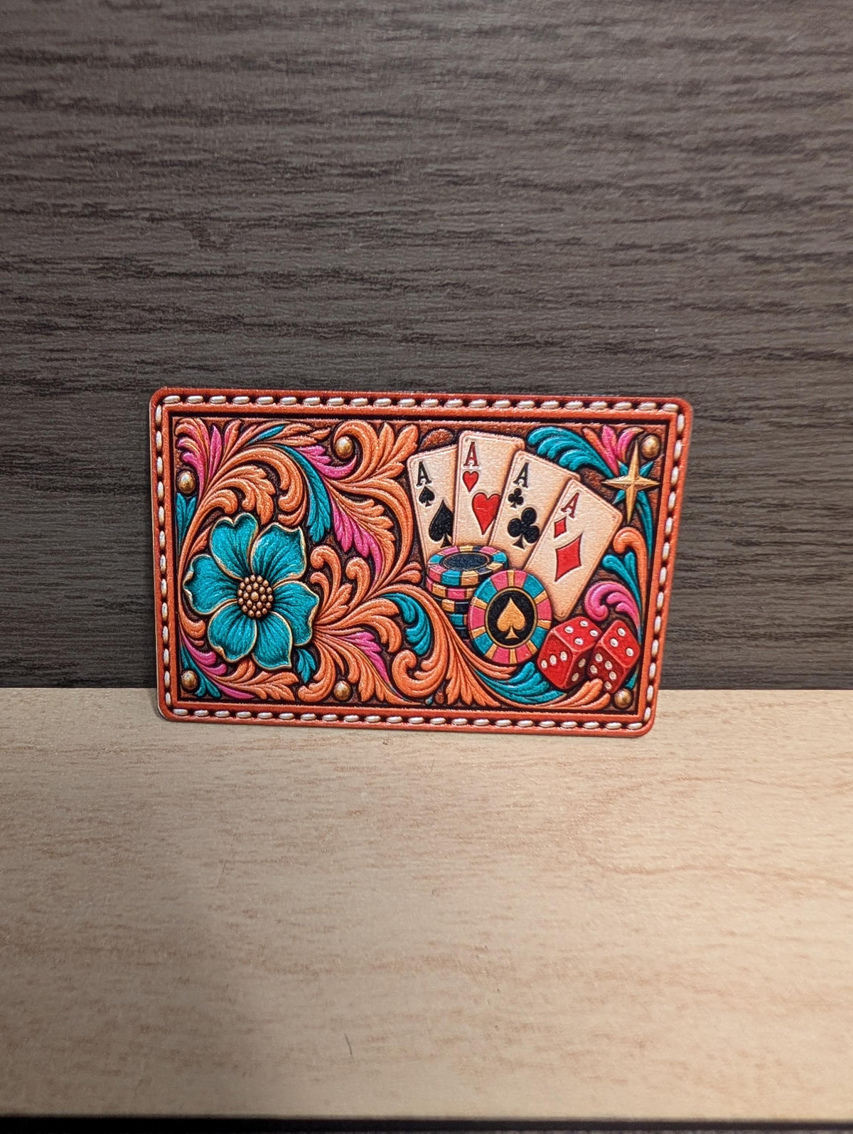 Western Poker Trucker Hat Patch, Four Aces Playing Cards, Tooled Leather Casino Patch, Turquoise Floral Gambling UV Printed Leatherette
