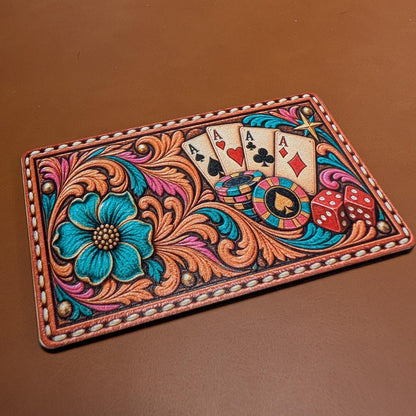 Western Poker Trucker Hat Patch, Four Aces Playing Cards, Tooled Leather Casino Patch, Turquoise Floral Gambling UV Printed Leatherette
