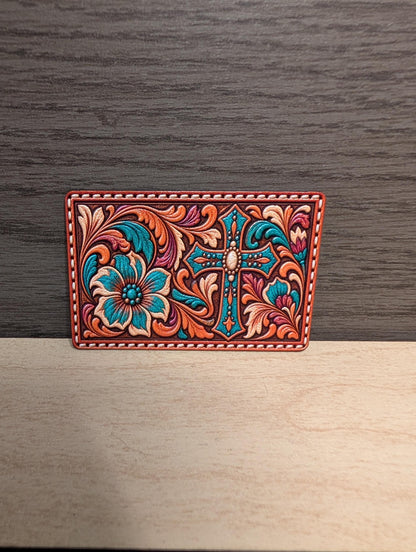 Western Floral Cross Tooled Leather Hat Patch, Turquoise Christian Cross, Cowgirl Faith Trucker Hat Patch, UV Printed Leatherette Patch