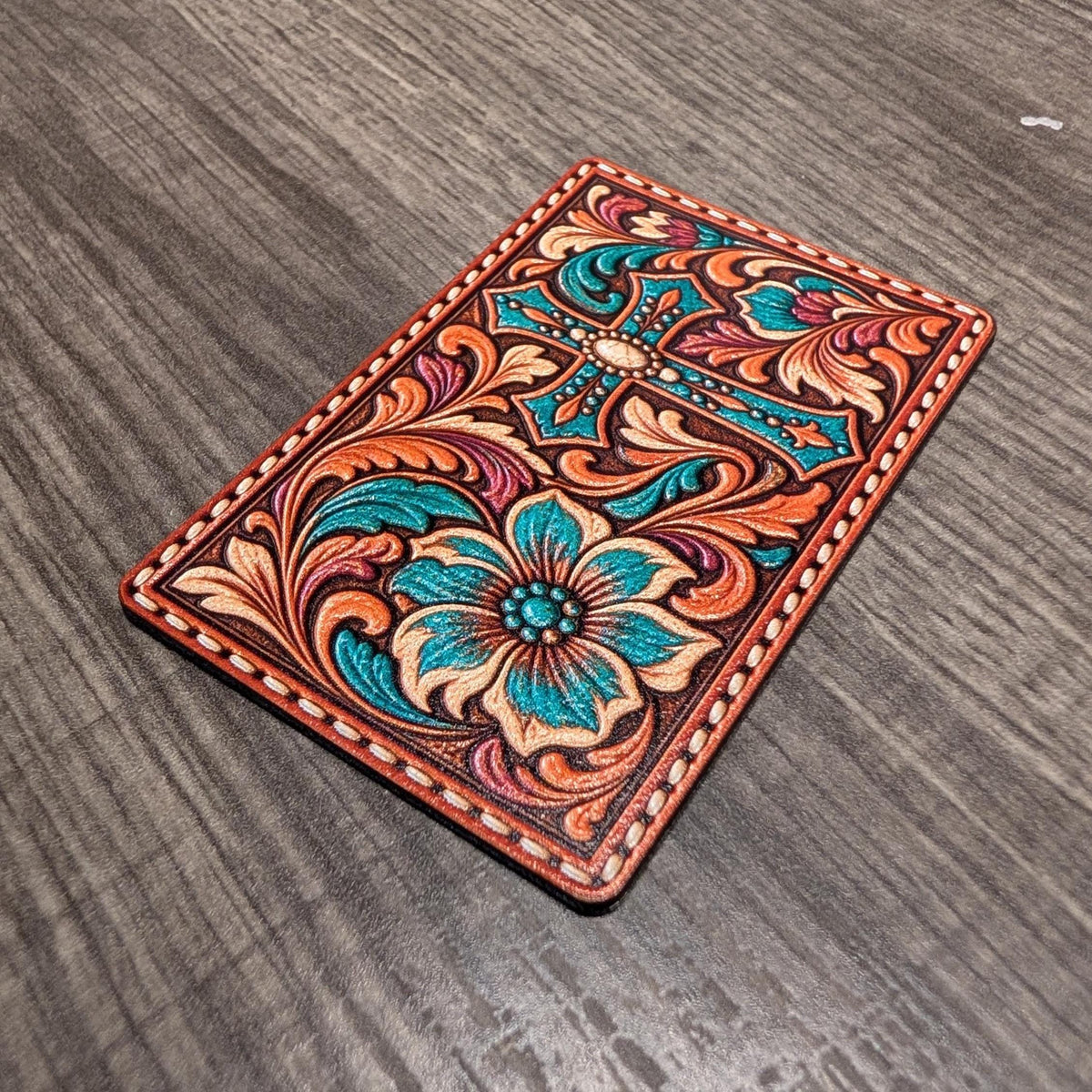 Western Floral Cross Tooled Leather Hat Patch, Turquoise Christian Cross, Cowgirl Faith Trucker Hat Patch, UV Printed Leatherette Patch