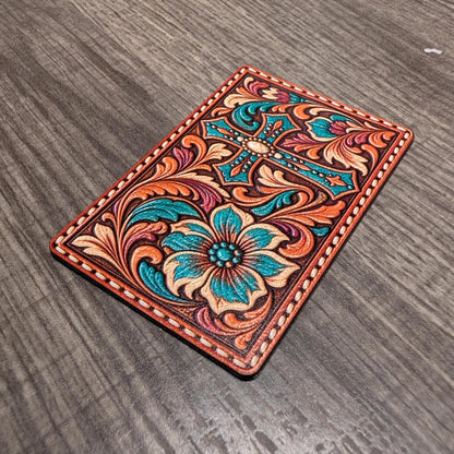 Western Floral Cross Tooled Leather Hat Patch, Turquoise Christian Cross, Cowgirl Faith Trucker Hat Patch, UV Printed Leatherette Patch