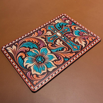 Western Floral Cross Tooled Leather Hat Patch, Turquoise Christian Cross, Cowgirl Faith Trucker Hat Patch, UV Printed Leatherette Patch