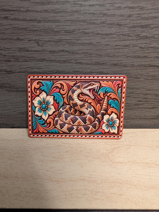 Rattlesnake Western Tooled Leather Hat Patch, Turquoise Floral Snake Patch, Rustic Cowgirl Trucker Hat Patch, UV Printed Leatherette Patch