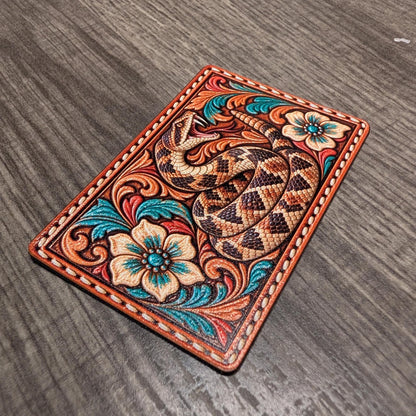 Rattlesnake Western Tooled Leather Hat Patch, Turquoise Floral Snake Patch, Rustic Cowgirl Trucker Hat Patch, UV Printed Leatherette Patch