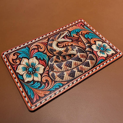 Rattlesnake Western Tooled Leather Hat Patch, Turquoise Floral Snake Patch, Rustic Cowgirl Trucker Hat Patch, UV Printed Leatherette Patch