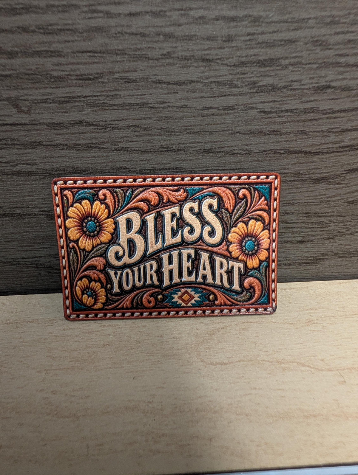 Bless Your Heart Western Tooled Leather Hat Patch, Southern Saying Patch, Turquoise Floral Cowgirl Trucker Hat Patch, UV Printed Leatherette