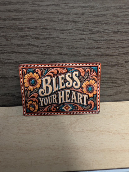 Bless Your Heart Western Tooled Leather Hat Patch, Southern Saying Patch, Turquoise Floral Cowgirl Trucker Hat Patch, UV Printed Leatherette