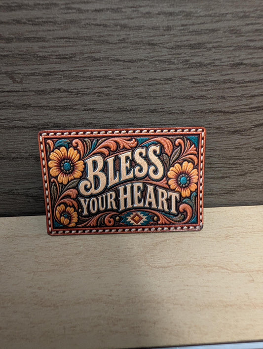 Bless Your Heart Western Tooled Leather Hat Patch, Southern Saying Patch, Turquoise Floral Cowgirl Trucker Hat Patch, UV Printed Leatherette