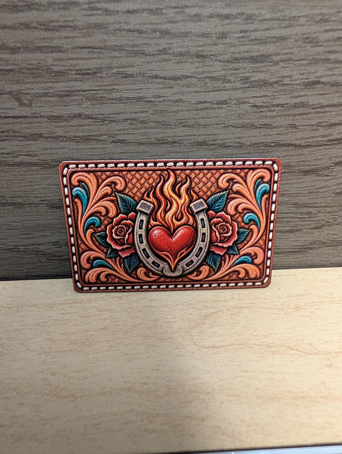 Flaming Heart Horseshoe Western Tooled Leather Patch, Rustic Rose Floral Cowgirl Patch, Western Trucker Hat Patch, UV Printed Leatherette