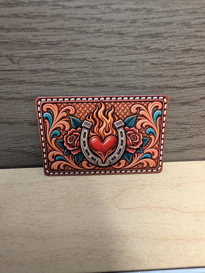 Flaming Heart Horseshoe Western Tooled Leather Patch, Rustic Rose Floral Cowgirl Patch, Western Trucker Hat Patch, UV Printed Leatherette