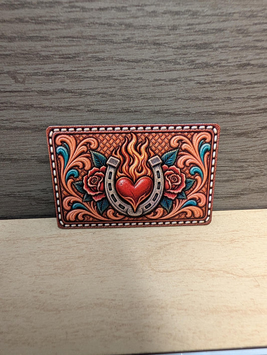 Flaming Heart Horseshoe Western Tooled Leather Patch, Rustic Rose Floral Cowgirl Patch, Western Trucker Hat Patch, UV Printed Leatherette