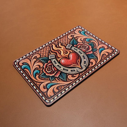 Flaming Heart Horseshoe Western Tooled Leather Patch, Rustic Rose Floral Cowgirl Patch, Western Trucker Hat Patch, UV Printed Leatherette