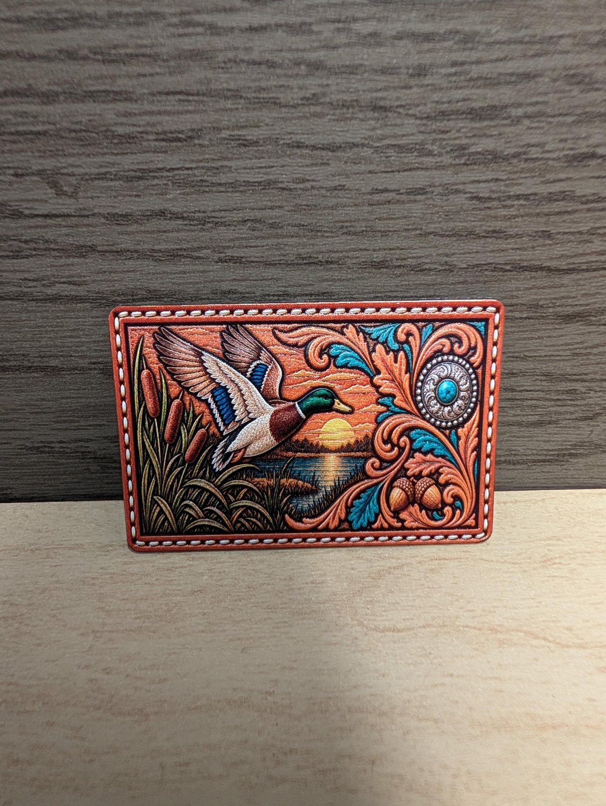 Mallard Duck Hunting Hat Patch, Western Tooled Leather Duck Patch, Flying Mallard Sunset Design, Waterfowl Hunting Trucker Hat Patch