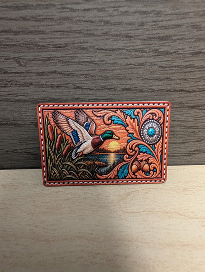 Mallard Duck Hunting Hat Patch, Western Tooled Leather Duck Patch, Flying Mallard Sunset Design, Waterfowl Hunting Trucker Hat Patch