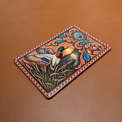 Mallard Duck Hunting Hat Patch, Western Tooled Leather Duck Patch, Flying Mallard Sunset Design, Waterfowl Hunting Trucker Hat Patch