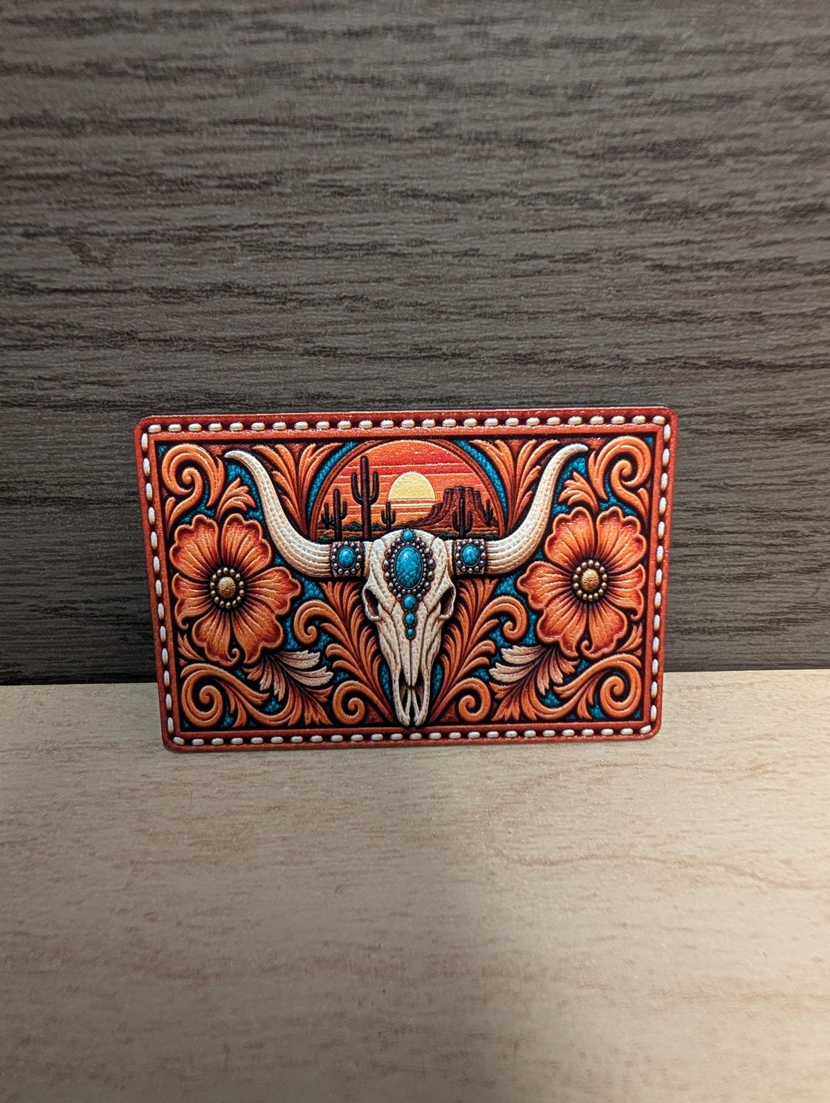 Longhorn Skull Western Hat Patch, Turquoise Cow Skull Desert Sunset, Southwestern Tooled Leatherette Patch, Cactus Floral Trucker Hat Patch