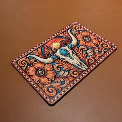 Longhorn Skull Western Hat Patch, Turquoise Cow Skull Desert Sunset, Southwestern Tooled Leatherette Patch, Cactus Floral Trucker Hat Patch