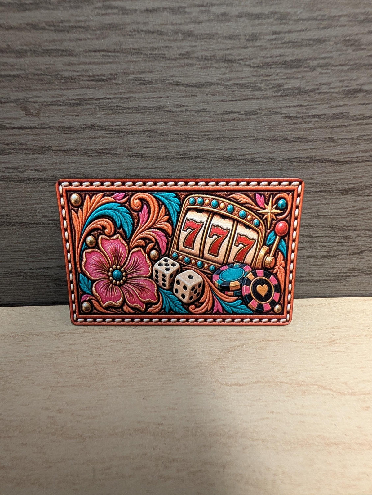 Lucky 777 Slot Machine Western Hat Patch, Casino Gambling Tooled Leatherette Patch, Poker Chips Dice Cowgirl Trucker Hat Patch