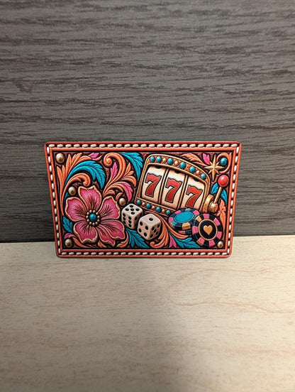 Lucky 777 Slot Machine Western Hat Patch, Casino Gambling Tooled Leatherette Patch, Poker Chips Dice Cowgirl Trucker Hat Patch