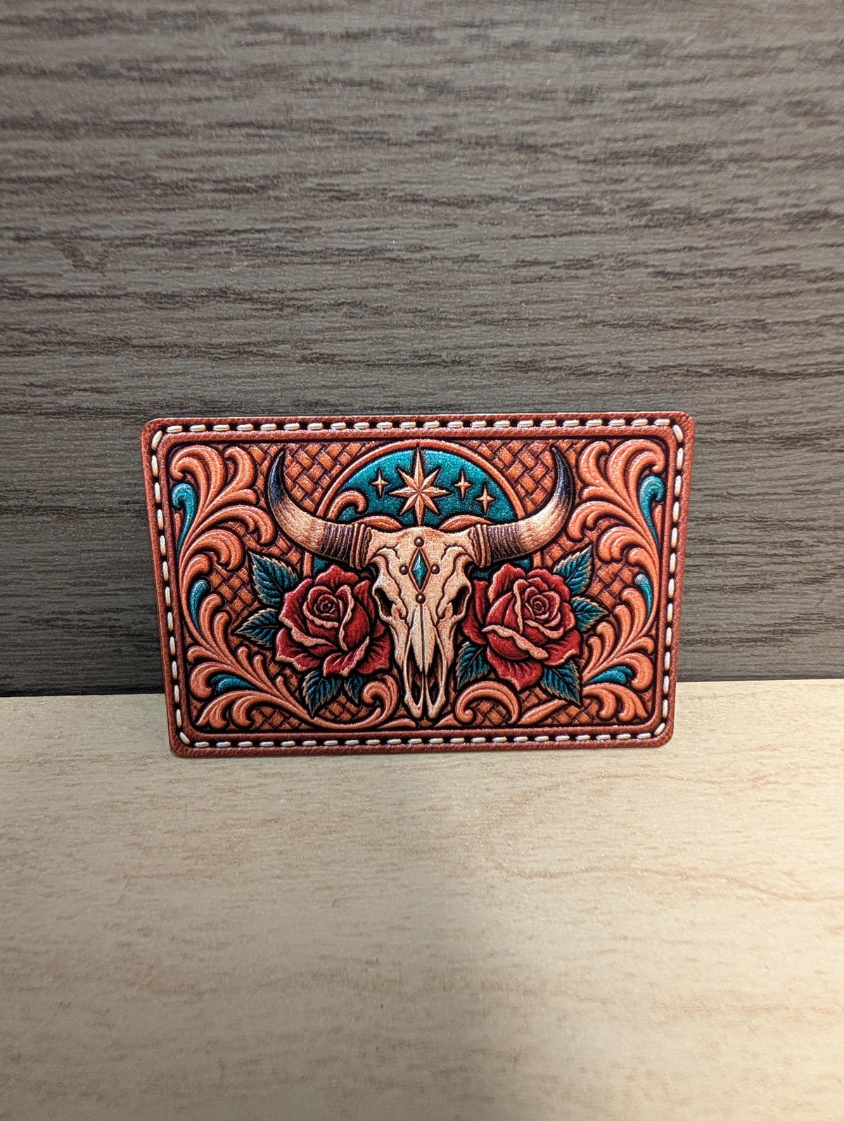 Longhorn Skull and Roses Western Hat Patch, Tooled Leatherette Bull Skull Patch, Turquoise Southwestern Cowgirl Trucker Hat Patch