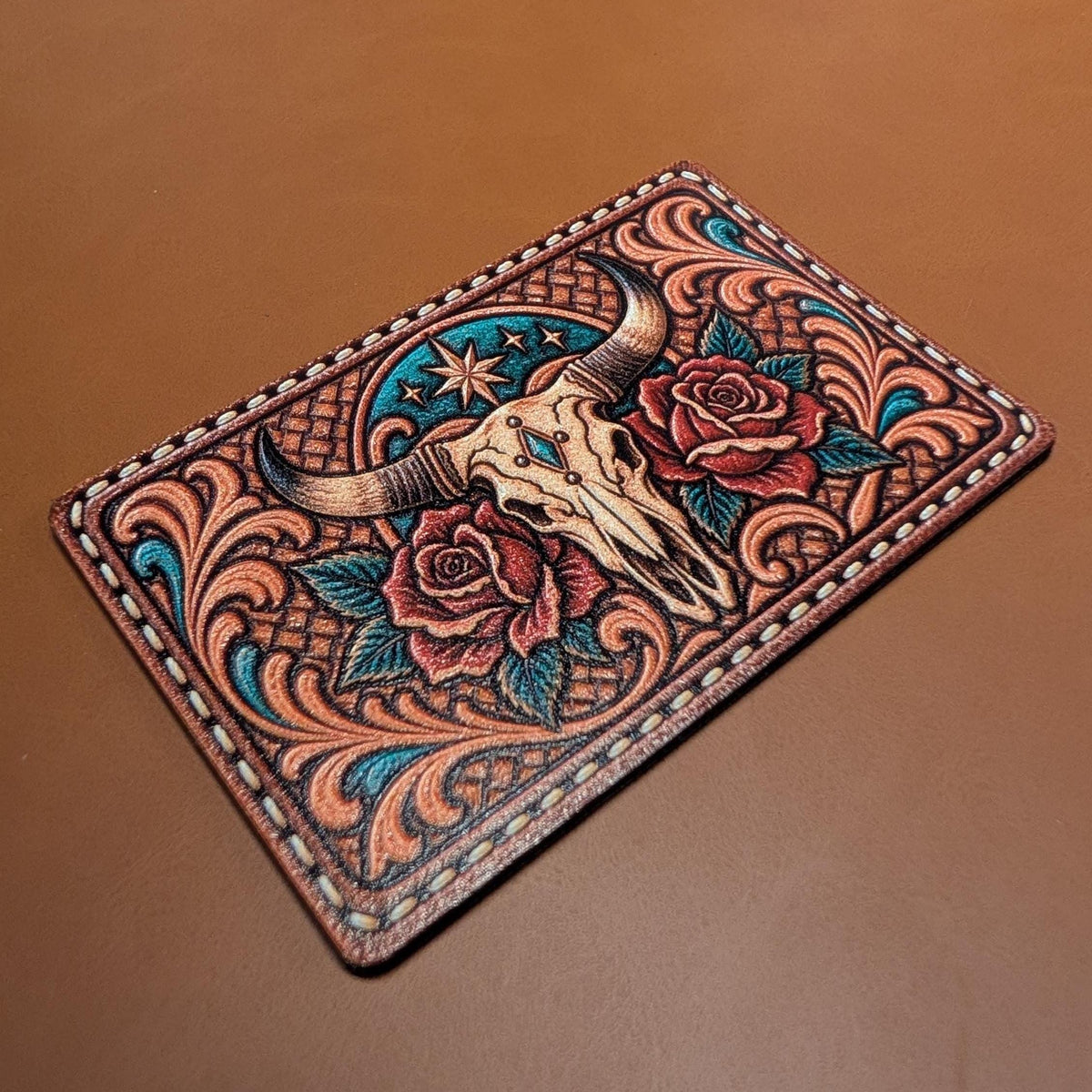 Longhorn Skull and Roses Western Hat Patch, Tooled Leatherette Bull Skull Patch, Turquoise Southwestern Cowgirl Trucker Hat Patch
