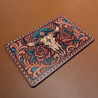 Longhorn Skull and Roses Western Hat Patch, Tooled Leatherette Bull Skull Patch, Turquoise Southwestern Cowgirl Trucker Hat Patch
