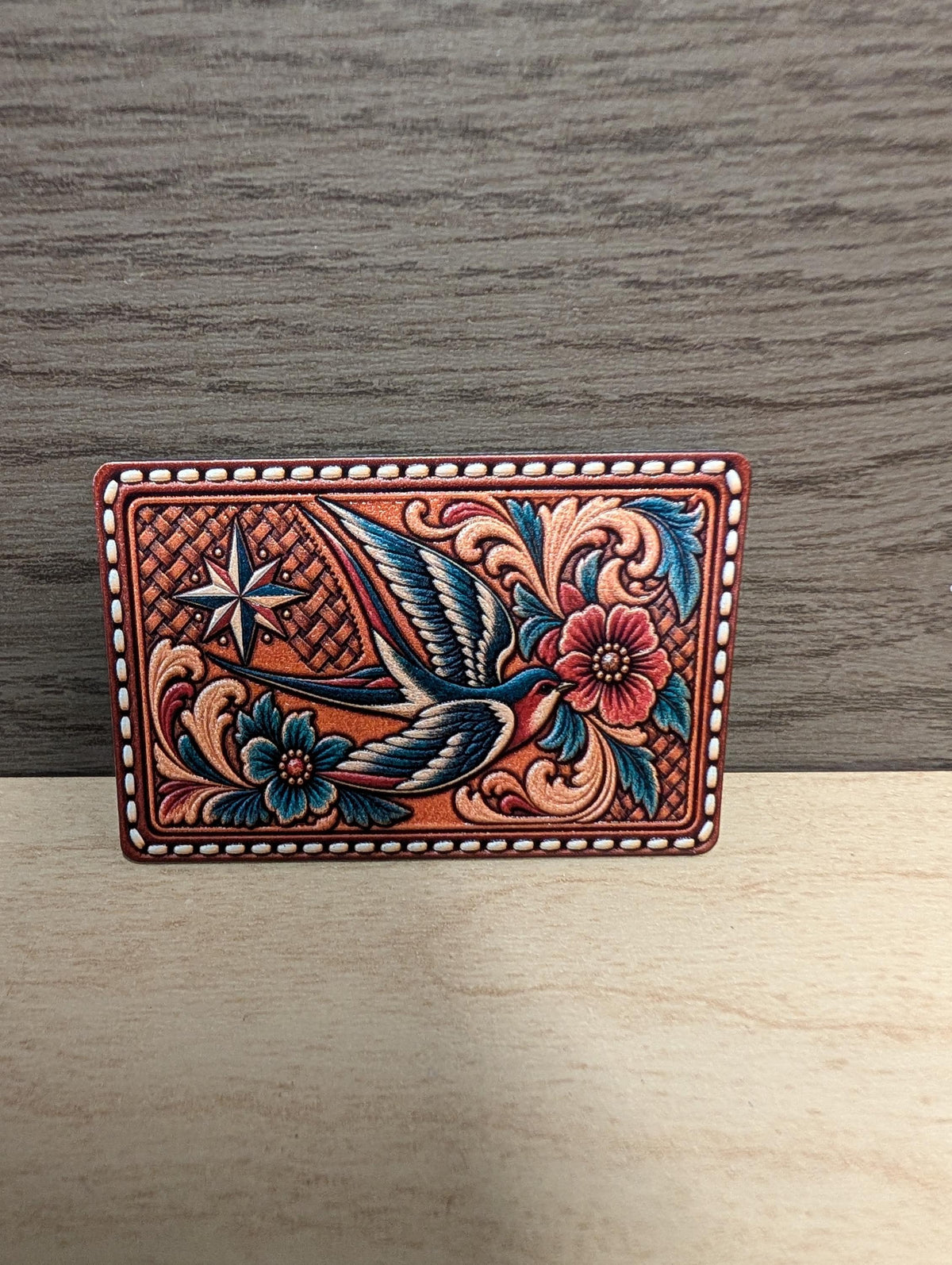Western Swallow Bird Hat Patch, Tooled Leather Floral Bird Patch, Vintage Sparrow and Compass Star Trucker Hat Patch, UV Printed Leatherette
