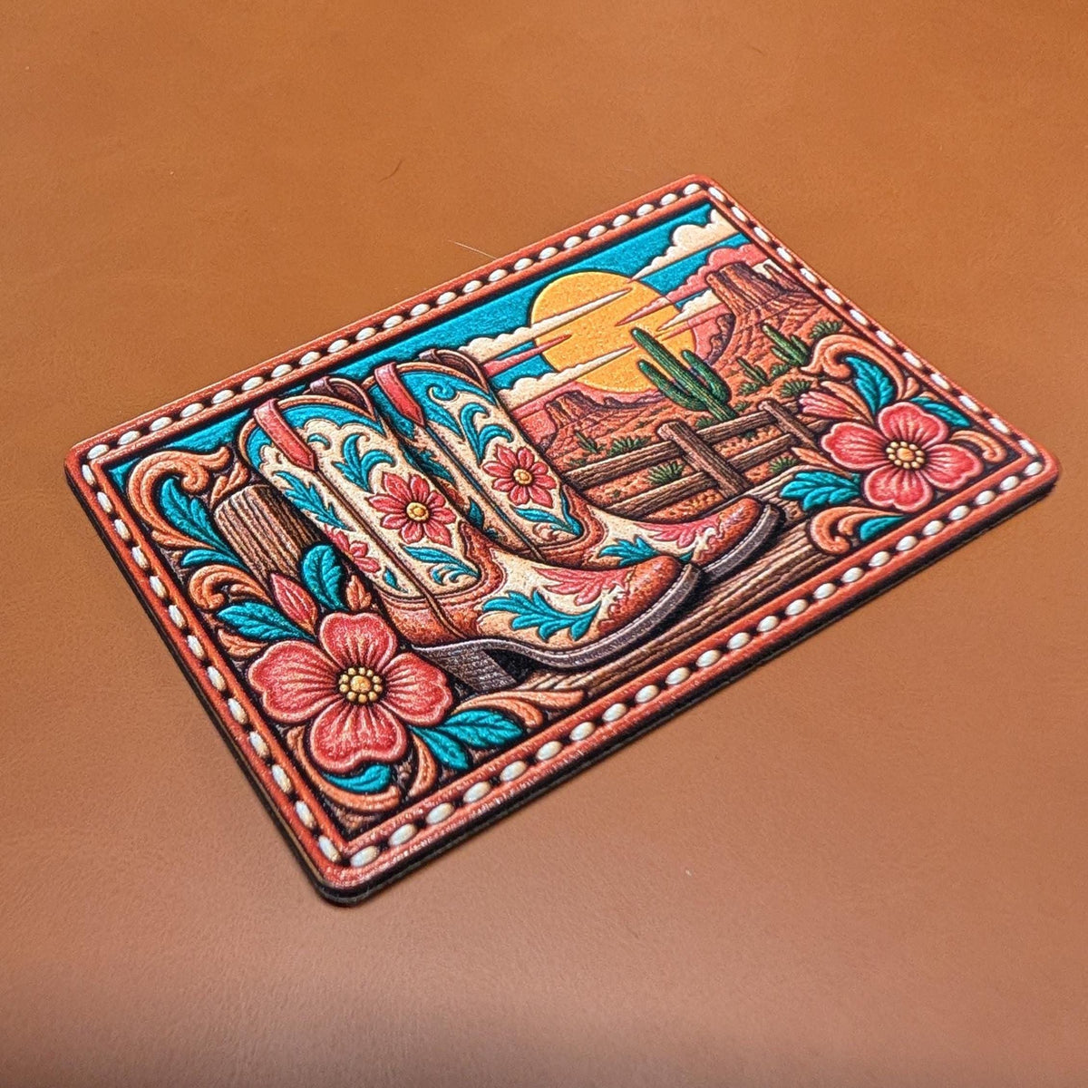 Western Cowgirl Boots Hat Patch, Floral Cowboy Boots Tooled Leather Patch, Southwestern Desert Sunset Trucker Patch, UV Printed Leatherette