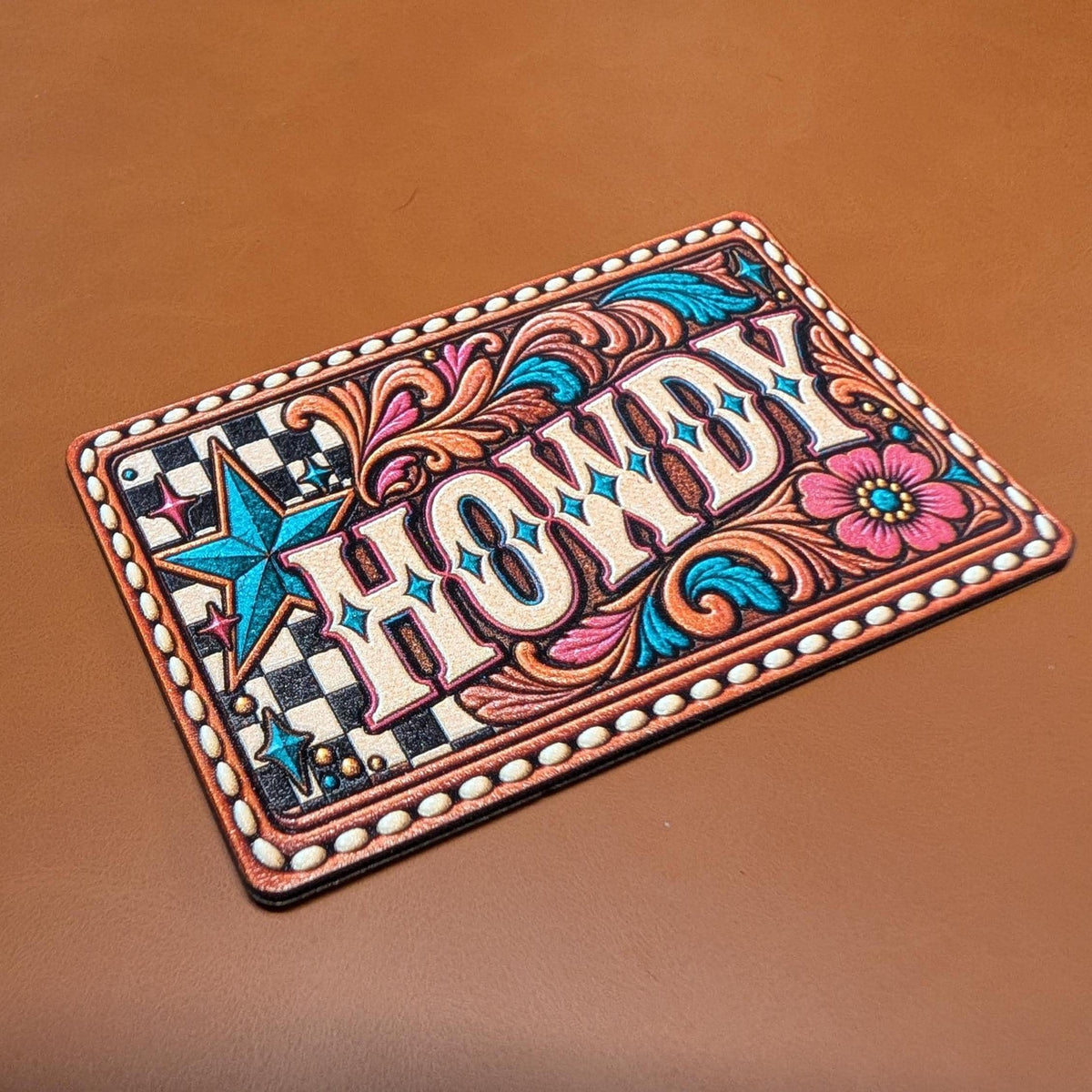 Howdy Western Hat Patch, Retro Cowgirl Tooled Leather Floral Patch, Turquoise Star Checkerboard Trucker Hat Patch, UV Printed Leatherette