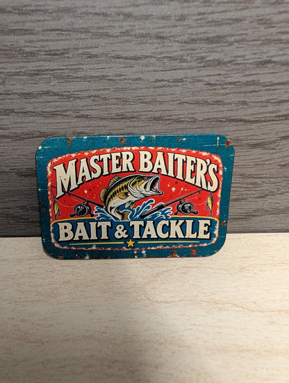 Master Baiter's Bait and Tackle Hat Patch, Funny Fishing Trucker Hat Patch, Vintage Metal Sign Bass Fishing Patch, UV Printed Leatherette