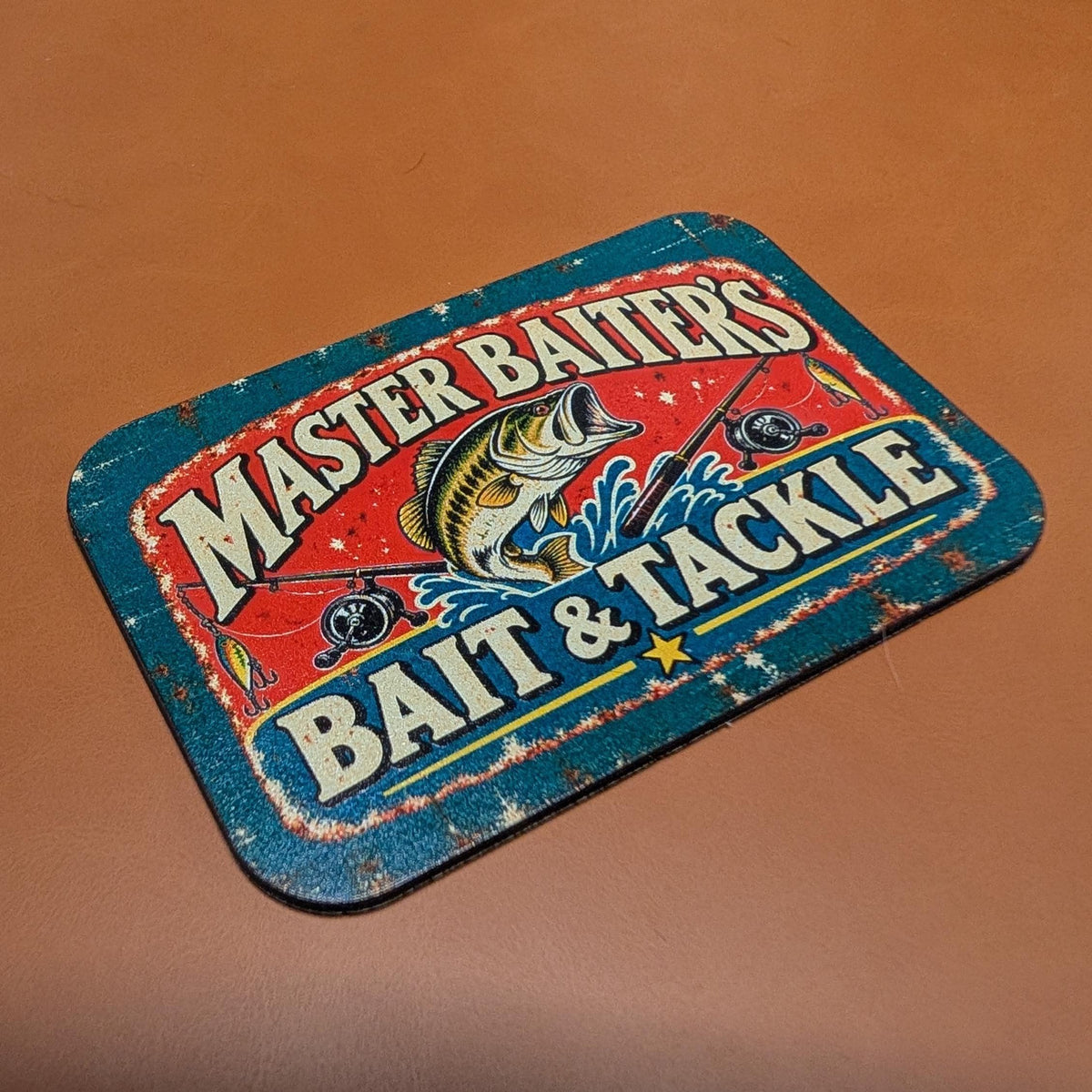 Master Baiter's Bait and Tackle Hat Patch, Funny Fishing Trucker Hat Patch, Vintage Metal Sign Bass Fishing Patch, UV Printed Leatherette