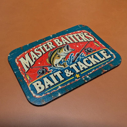 Master Baiter's Bait and Tackle Hat Patch, Funny Fishing Trucker Hat Patch, Vintage Metal Sign Bass Fishing Patch, UV Printed Leatherette