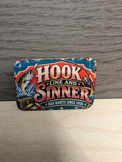 Hook Line and Sinner Fishing Hat Patch, Funny Bass Fishing Trucker Hat Patch, Vintage Metal Sign Fishing Patch, UV Printed Leatherette