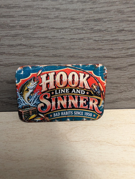 Hook Line and Sinner Fishing Hat Patch, Funny Bass Fishing Trucker Hat Patch, Vintage Metal Sign Fishing Patch, UV Printed Leatherette