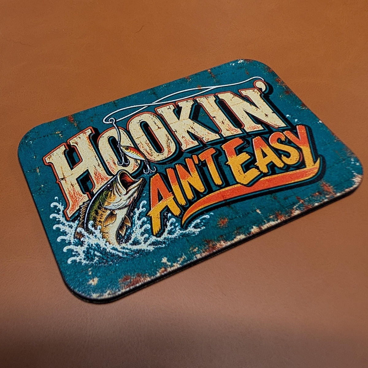 Hookin' Ain't Easy Fishing Hat Patch, Funny Bass Fishing Trucker Hat Patch, Vintage Metal Sign Fishing Patch, UV Printed Leatherette