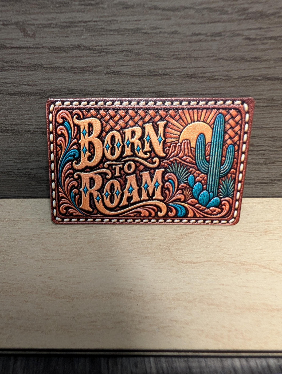 Born to Roam Western Hat Patch, Southwestern Desert Cactus Tooled Leather Patch, Boho Cowgirl Trucker Hat Patch, UV Printed Leatherette
