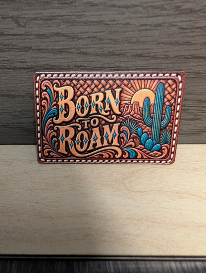 Born to Roam Western Hat Patch, Southwestern Desert Cactus Tooled Leather Patch, Boho Cowgirl Trucker Hat Patch, UV Printed Leatherette