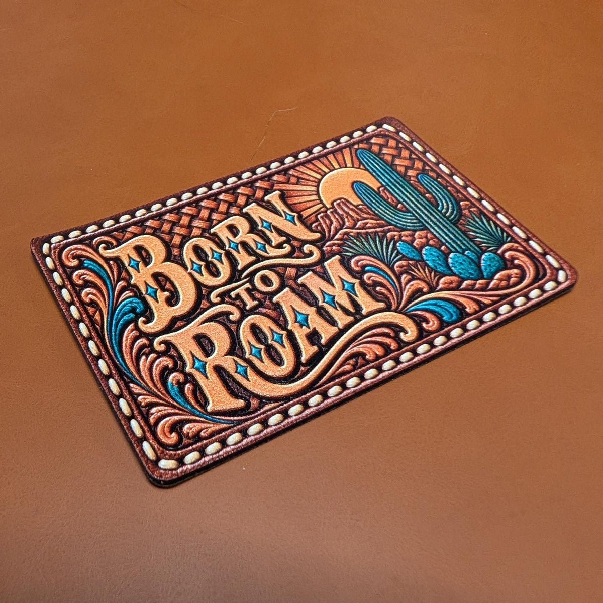 Born to Roam Western Hat Patch, Southwestern Desert Cactus Tooled Leather Patch, Boho Cowgirl Trucker Hat Patch, UV Printed Leatherette
