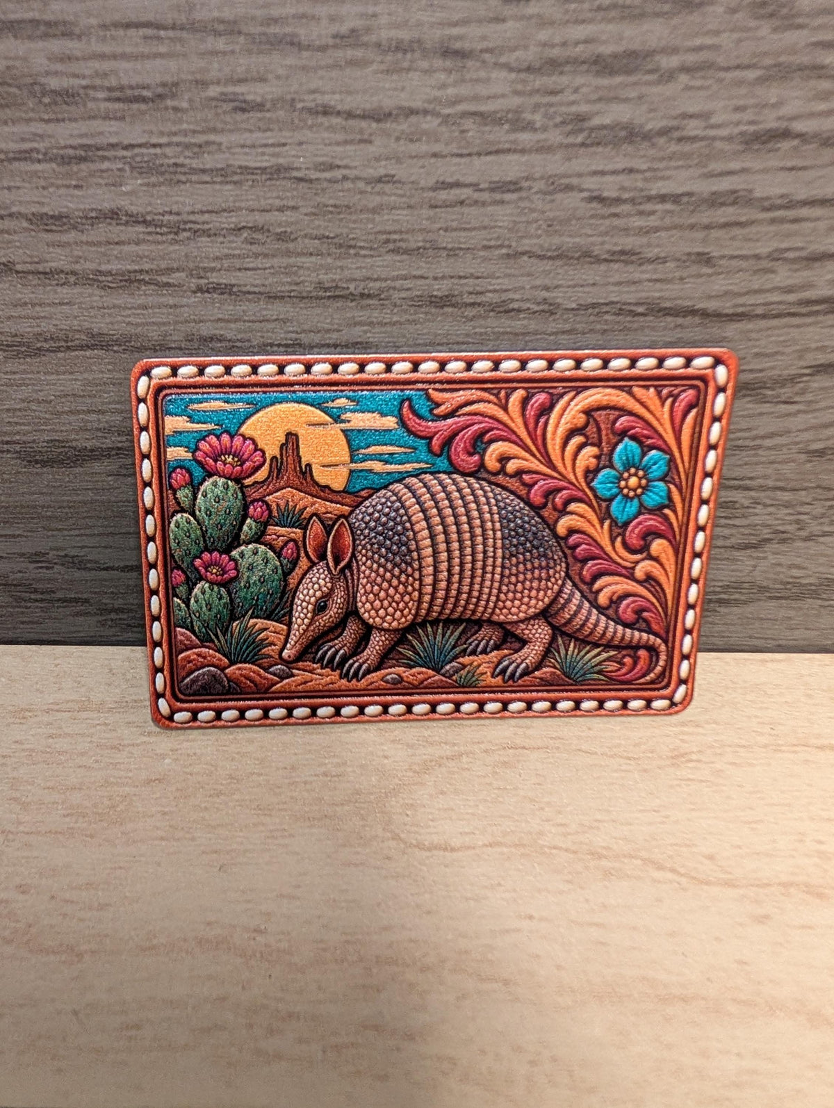 Armadillo Western Hat Patch, Texas Armadillo Tooled Leather Patch, Southwestern Desert Cactus Floral Trucker Patch, UV Printed Leatherette