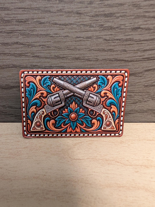 Crossed Revolvers Western Hat Patch, Tooled Leather Cowboy Guns Floral Patch, Turquoise Western Trucker Hat Patch, UV Printed Leatherette