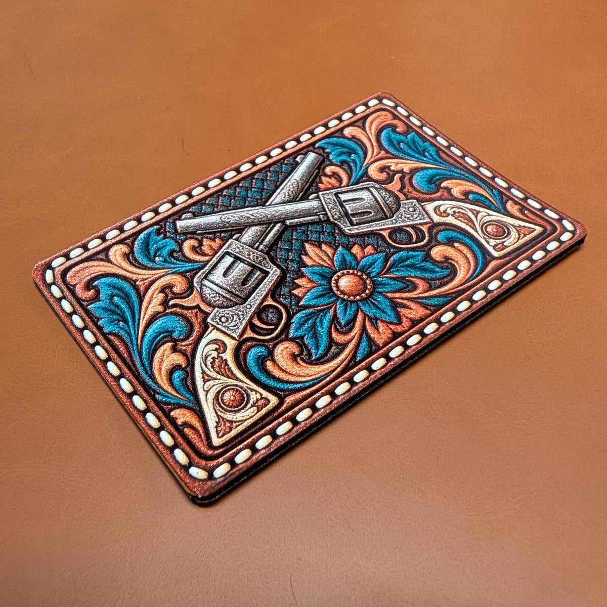 Crossed Revolvers Western Hat Patch, Tooled Leather Cowboy Guns Floral Patch, Turquoise Western Trucker Hat Patch, UV Printed Leatherette